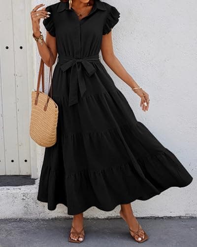dowerme Women Summer Dress 2025 Cap Ruffle Sleeve V Neck Button Up High Waist Belted Tiered Boho Flowy Long Sun Dresses(Black,X-Large) - Thumbnail 3
