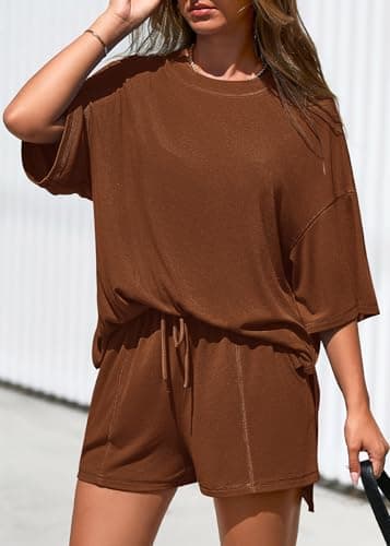KIRUNDO 2 Piece Sets for Women Summer Lounge Sets Casual Oversized Tshirts Shorts Matching Airport Travel Outfits Postpartum(Brown, XX-Large) - Thumbnail 4