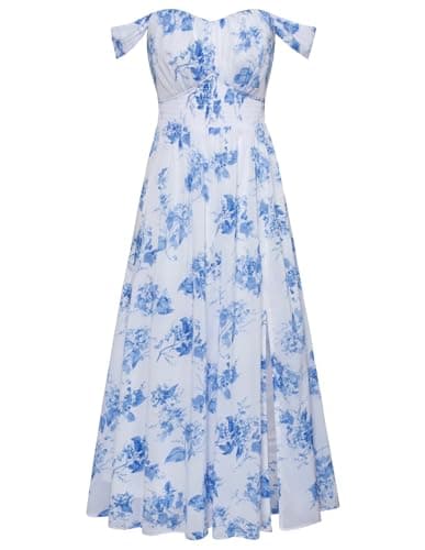 Summer White-Blue Floral Dress for Women 2026,Off the Shoulder Smocked Bridesmaid Dresses,Formal Baby Shower Maxi Dressesl M - Image 1