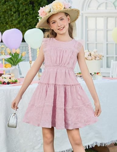 GRACE KARIN Girls Sleeveless Summer Dress, Ruffle Tiered Easter Spring Party Dresses for Little Kids Size 12,Light Pink - Thumbnail 3