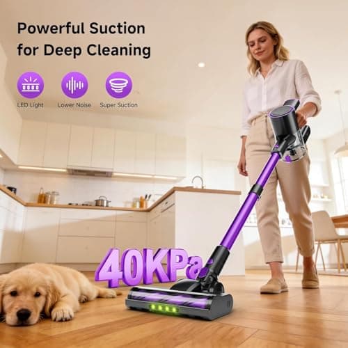 Honki Cordless Vacuum Cleaner, 500W/40Kpa Vacuum Cleaners for Home, Stick Vacuum Cordless with LED Display, Anti-Tangle & Wall Mount, 8 in 1 Lightweight Vacuum for Hard Floors Pet Hair(Purple) - Thumbnail 2