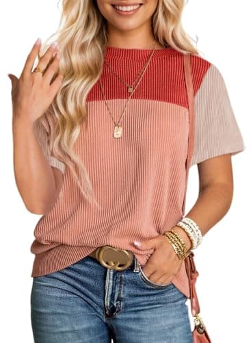 BLENCOT Women Tops Color Block Short Sleeve Summer Blouse Knit Crewneck Loose Business Summer 2026 Fashion Spring T Shirts Red Small - Image 1