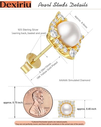 Dexiriu Pearl Stud Earrings for Women, Halo Studs with 14K Gold Plated S925 Silver & Cultured Freshwater Pearl, Gift for Birthday, Mothers Day, Christmas, Anniversary, Graduation(8-9MM) - Thumbnail 6