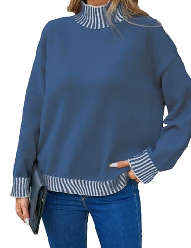 SunnyMelody Womens Oversized Turtle Neck Striped Sweater Fall 2025 Causual Ribbed Knit Long Sleeve Pullover Sweaters Tops Blue L - Image 1