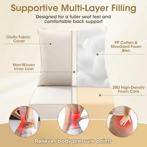 Domvaranique Outdoor Chair Cushion Set for Patio Furniture, 24 x 24 x 6 Extra Thick Deep Seat Patio Cushions, Olefin Back and Seat Cushion Replacement, Removable Cover, Ties and Handle, Beige - Thumbnail 4