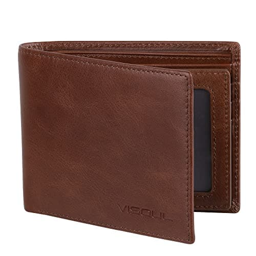VISOUL Leather Wallets Bifold for Men with 2 ID Windwows, Men's Designer Card Holder Wallets with RFID Blocking (Brown) - Image 1