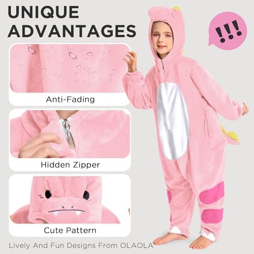 OLAOLA Kids Animal Onesie, Unisex Pink Dinosaur Onesies, Plush Cosplay Pajamas for Girls Boys, One-Piece Sleepwear Halloween Costume - Thumbnail 4