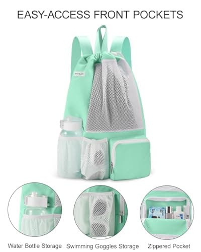 BAVELOE Swim Bag with Wet Pocket, Mesh Drawstring Backpack for Beach, Swimming, Snorkeling, Pool, Gym for Women Men (Mint Green) - Thumbnail 3