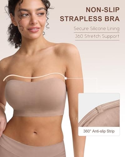 OceanDeer Bandeau Bra Strapless Bras for Women Non-Slip Wireless Tube Top Full Coverage Comfortable Padded Bralette with Clear Straps, Neutral, L - Thumbnail 2