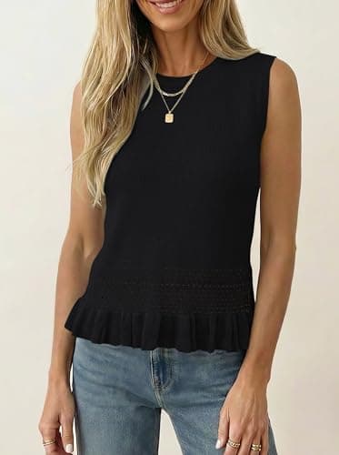 LaGracia Crochet Tops for Women Sleeveless Crew Neck Peplum Cropped Sweaters Vest Lightweight Tank Tops Summer Vacation Outfits Black S - Thumbnail 2