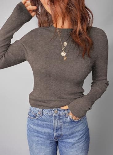 Dokotoo Fall Sweaters for Women 2025 Basic Tops Fahion Chocolate Brown Fall Clothes Trendy Pullover Sweater Solid Long Sleeve Crewneck Slim Fit Casual Outfits Ladies Winter Clothing X-Large - Thumbnail 4
