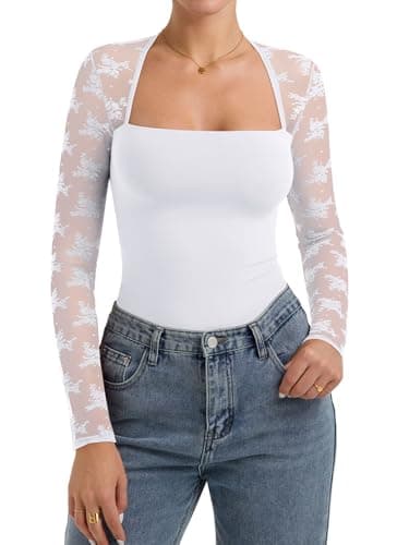 PINKMSTYLE Women Lace Square Neck Tops Cute Sheer Mesh Long Sleeve Shirts Fall Going Out Y2K Date Clothing White Medium - Image 1