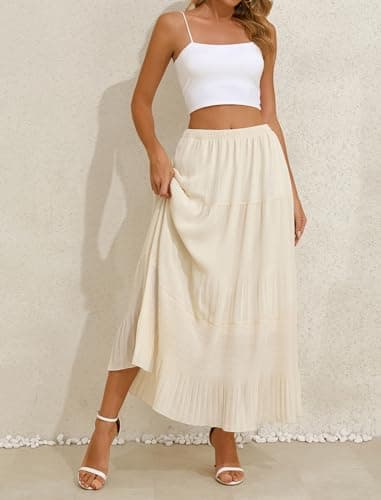 Arolina Women's Maxi Skirts Summer 2026 Elastic High Waist Boho Long Skirt Flowy Tiered A-Line Pleated Ruffle Casual Beach Beige - Thumbnail 3