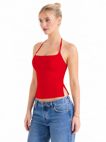 Women Halter Tank Tops Backless Sexy Summer Going Out Y2K Tops Sleeveless Double Line Camisole Crop Top Shirts(Red,Medium) - Thumbnail 3