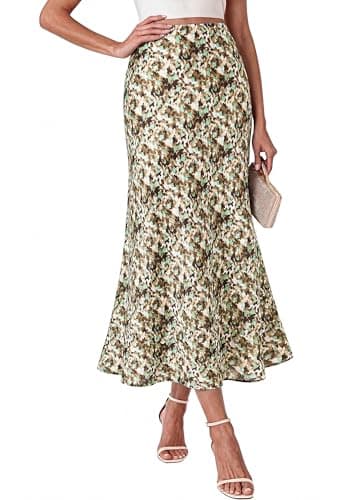 BTFBM Midi Skirts for Women 2026 Summer Spring Lightweight A Line High Waisted Wedding Guest Party Silk Long Skirt(Green Camo, XX-Large) - Image 1