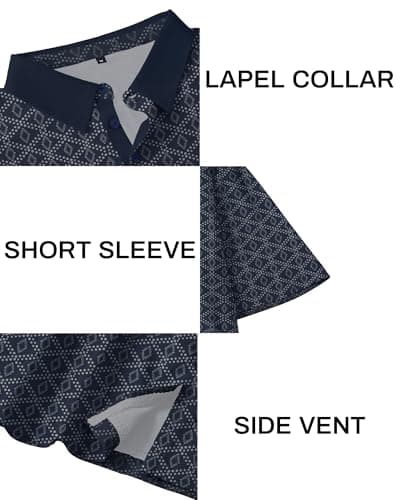 KUYIGO Mens Golf Polo Shirts Dry Fit Performance Moisture Wicking Casual Print Collared Shirts M Dark Blue - Thumbnail 6