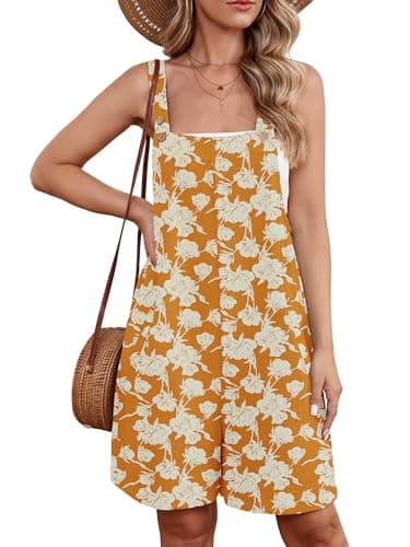 Heymoments Short Overalls Jumpsuits Rompers for Women White Flower Yellow Small Casual Maternity Summer Comfy Ladies Loose Fit Dressy Wide Leg One Piece Sleeveless Grils Bib Baggy Pants - Image 1