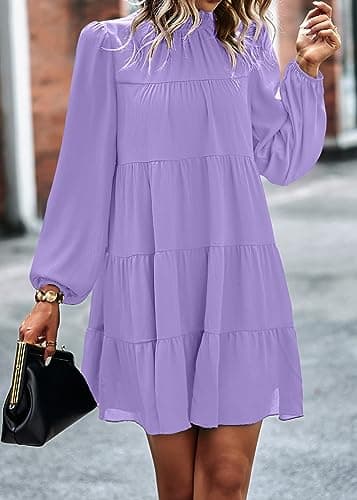 KIRUNDO Long Sleeve Baby Doll Dresses Women 2026 Casual Spring Summer Ruffle Mock Neck Tiered Mini Flowy Swing Shift Dress(Purple, Large) - Thumbnail 3