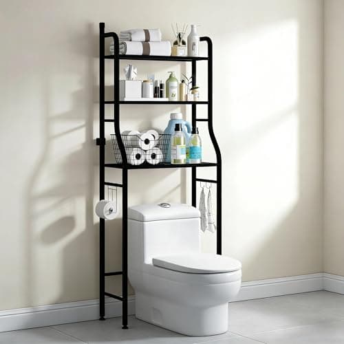 LITTLE SNOW BEAR 3-Tier Over the Toilet Storage Shelf with Adjustable Foot Pads, Anti-Tilt Metal Bathroom Organizer with Paper Holder & 4 Hooks, No Drill Space Saving Toilet Rack, Black - Image 1