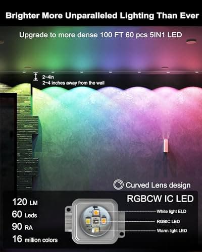 Seyxicnor 100ft Permanent Outdoor Smart Lights Pro with 60 RGBCW+IC LEDs & WiFi/Alexa Control, IP68 Waterproof Christmas Lights Outdoor Year-Round Lighting 108 Scene Modes for Daily, Halloween Décor - Thumbnail 4