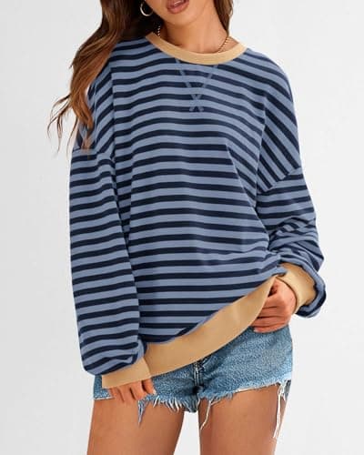 BTFBM Sweatshirt For Women 2026 Summer Crewneck Long Sleeve Oversized Striped Pullover Tops Y2K Clothes Workout Shirt(Blue Navy, X-Large) - Thumbnail 4