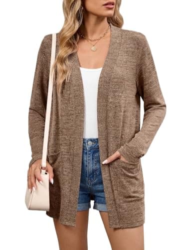 DEARCASE Cardigan Sweaters for Women Trendy Brown Large Long Sleeve V Neck Open Front Ladies Cardigans Lightweight Tan Womens Sweater Thin Bolero Soft Spring Fall Tops Knitted Coat with Pockets - Image 1