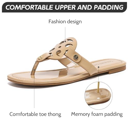 Stratuxx Kaze Women's Dressy Patent Leather Thong Sandals with Memory Foam,Comfy Beach Slides Slip On Flat Sandals for Women - Thumbnail 2