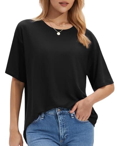 Stelle Black T Shirts for Women Oversized Crew Neck Short Sleeve Summer Tops Loose Fit Soft Basic Tee Shirt Large