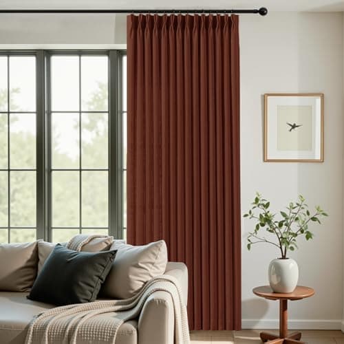 Pinch Pleated Linen Curtains 84 Inch Length 2 Panels Set, Light Filtering Linen Textured Sheer Drapes Memory Trained Pleated Curtain Back Tab for Bedroom Farmhouse with Hooks Rings, Chestnut Brown - Thumbnail 2