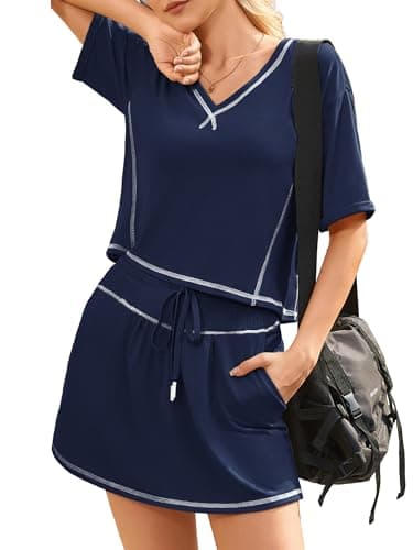 Alealiy Womens 2 Piece Outfits Summer Skirt Sets Casual Short Sleeve Tops Matching Skort Going Out Lounge Set Navy Blue M - Image 1