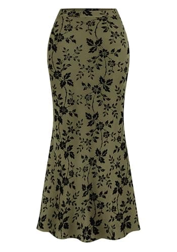 BTFBM Womens Floral Mesh Maxi Skirt 2026 Spring Summer Elastic High Waisted Boho Elegant Mermaid Long Skirts for Women(Army Green, XX-Large) - Image 1