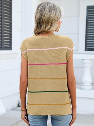 Bellcoco Womens Cap Sleeve Summer Tops Striped Sweater Vest Lightweight Casual Crewneck Loose Knit Pullover Tank Top Beach Vacation Outfits Apricot L - Thumbnail 4