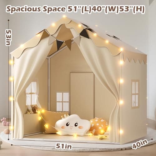 EagleStone 2-in-1 Kids Tent,Large Play Tent with Padded Mat and Lights,Kids Playhouse with 2 Doors & 4 Windows,2 Large Side Pockets,Indoor Outdoor Kid Play Tent for Toddlers,53" x40" x 51" - Thumbnail 3