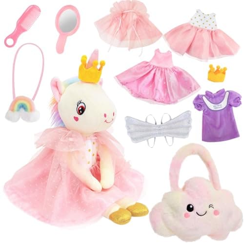 Unicorn Toys for Girls Age 4-6, Ballerina Doll Toys for Girls 3-5, Ballet Dress up Stuffed Animals Dolls with 3 Sets of Clothes & Plush Bag, Unicorn Birthday Gifts for Kids Age 3 4 5 6 7 8 9 10 - Image 1