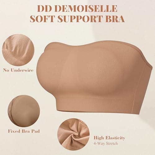 DD DEMOISELLE 1 Pack Strapless Bras for Women, Wirefree Non-Slip Tube Top Invisible Bralette Seamless Padded Bandeau Bra, Beige-Next-Gen Non-Removable Padding,L - Thumbnail 4
