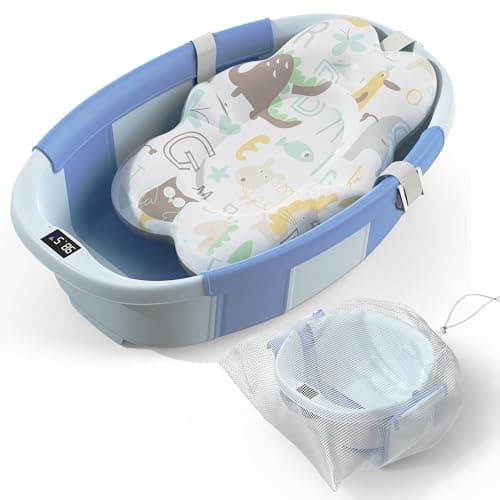Collapsible Baby Bathtub - Large Baby Bath Tub with Thermometer & Cushion | Travel Portable Newborn Infant Bathtub | Foldable Toddler Bathtub for Baby 0 to 36 Months (Blue)