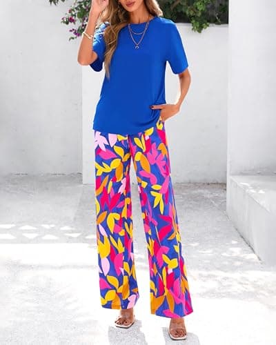 PRETTYGARDEN Women Summer 2 Piece Outfits 2026 Short Sleeve Knit Top Floral Print Belted Wide Leg Pant Sets With Pockets(Floral Blue Multicolored,XX-Large) - Thumbnail 3