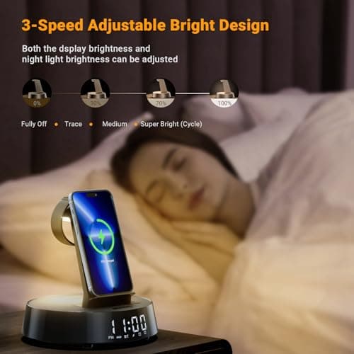 Alarm Clock with Wireless Charging Station, Clock for Bedroom with Dimmable Night Light Bluetooth Speaker, Wireless Charger Dock Station for iPhone 17 16 15 14 13 12 Pro Max, Apple Watch, AirPods Pro - Thumbnail 6