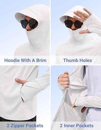 COOFANDY Men UV Jacket Sun Protection for Men Zip Up Lightweight Sun Hoodie Long Sleeve Sun Shirt Running Fishing Hiking White - Thumbnail 6