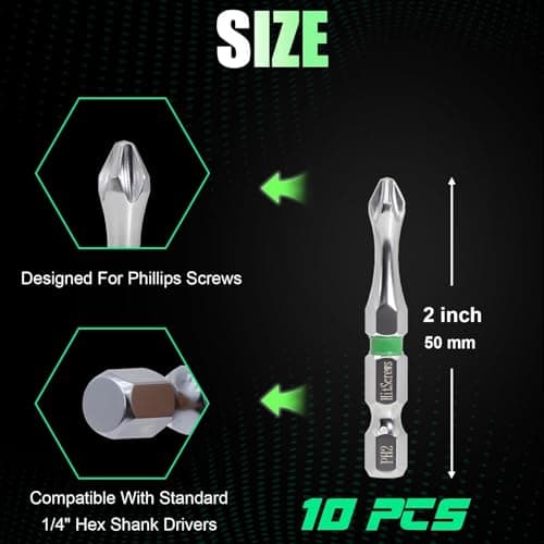 Hitscrews Magnetic Screwdriver Bits PH2, 2-Inch Impact Driver Bits #2, S2 Steel Chrome Finish Phillips Bits For Impact Driver, Home Improvement & DIY - 10 Pack - Thumbnail 2