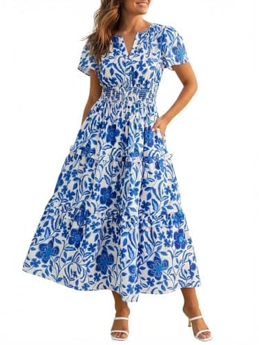 Wenrine Womens Summer Short Sleeve Maxi Dresses Casual Floral V Neck Smocked Tiered Flowy Boho Beach Sundress Light Blue - Image 1