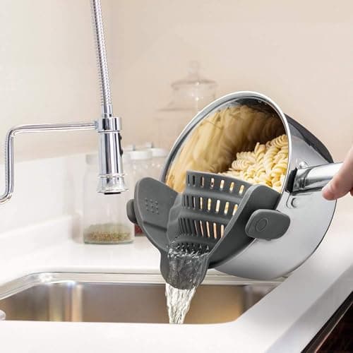 Clip On Strainer Silicone for All Pots and Pans, Pasta Strainer Clip on Food Strainer for Meat Vegetables Fruit Silicone Kitchen Colander (Grey) - Thumbnail 5