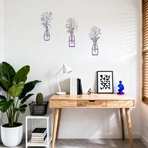 ArtCachet 3-Piece Metal Floral Wall Art - Bathroom Arts & Modern Farmhouse Decor,Home Wall Decors Sculptures for Living Room, Dining Room, Bedroom Wall Decorations & Housewarming Gift(Purple, Vase-A) - Thumbnail 3