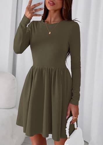 PRETTYGARDEN Women's Long Sleeve Mini Dresses 2026 Spring Casual Pleated A Line Party Cocktail Short Babydoll Dress with Pocket (Army Green,L) - Thumbnail 3