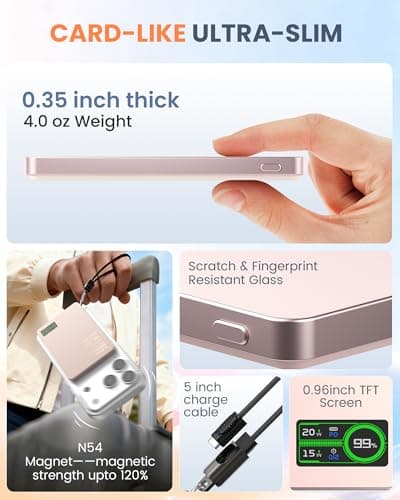 Portable Charger for Apple Watch & iPhone 17/16/15/14, 5000mAh 15W Fast Wireless Magnetic Power Bank with Built-in USB-C Cable, Ultra Slim 3-in-1 Mag-Safe Battery Pack with Smart LCD Display (Pink) - Thumbnail 4