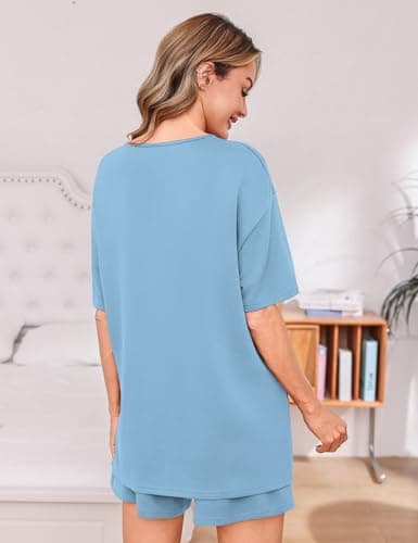 Totatuit Women's Oversized T-Shirt and Shorts Set 2 Piece Summer Outfits High Waisted Lounge Sets with Pockets Casual Travel Clothes Light Blue Small - Thumbnail 5