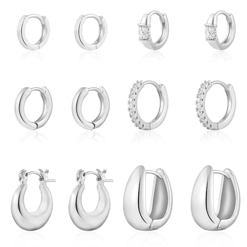 HILXURY 6 Pairs Small Gold Huggie Hoop Earrings for Women, 14K Gold Plated Cartilage Piercings Hoop Earrings Hypoallergenic, Trendy Lightweight Chunky Hoops Set for Women Gifts. (B- Silver) - Image 1