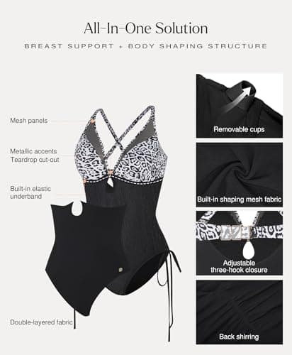 Popilush Tummy Control Swimsuits for Women - One Piece Shapewear Bathing Suit with Built-in Bra Mesh Slimming Swimsuit Leopard Black - Thumbnail 3