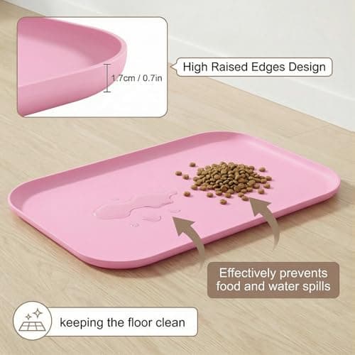 BLESWIN Waterproof Silicone Pet Feeding Mat Pink with Raised Edge,24" x 16"Non-Skid Spill Proof Dog Bowl Mats, Easy Clean Cat Bowls Placemat for Cats and Dogs - Thumbnail 3