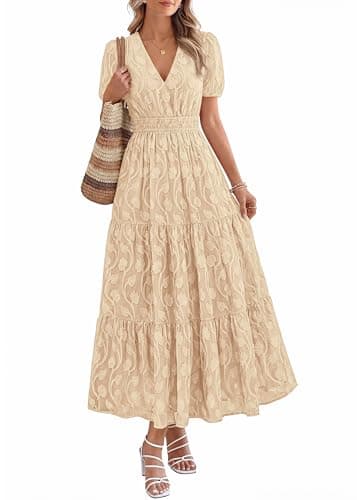 KIRUNDO Summer Dresses for Women 2026 Boho Flowy Casual Short Sleeve V Neck Elastic Waist Floral Long Baby Shower Maxi Dress(Apricot, Small) - Image 1